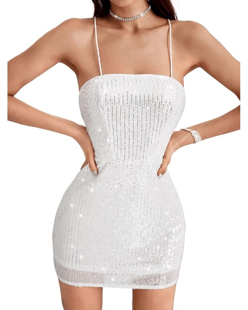 Women's Sequin Lace Up Backless Bodycon Cami Mini Dress Spaghetti Strap Party Dresses White $16.72 Dresses