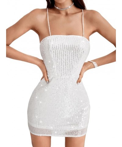 Women's Sequin Lace Up Backless Bodycon Cami Mini Dress Spaghetti Strap Party Dresses White $16.72 Dresses