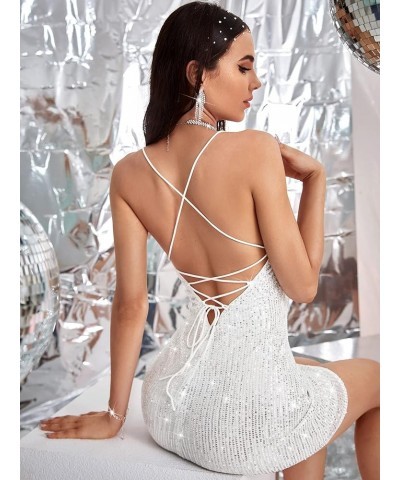 Women's Sequin Lace Up Backless Bodycon Cami Mini Dress Spaghetti Strap Party Dresses White $16.72 Dresses