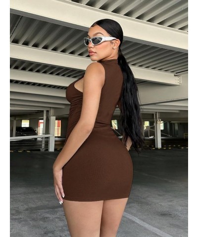 Women's Sleeveless Turtleneck Party Mini Bodycon Dress Coffee Brown $13.16 Dresses