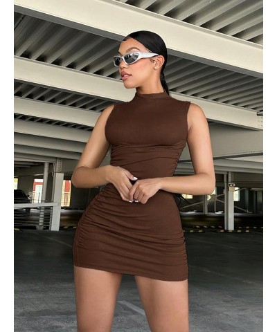 Women's Sleeveless Turtleneck Party Mini Bodycon Dress Coffee Brown $13.16 Dresses