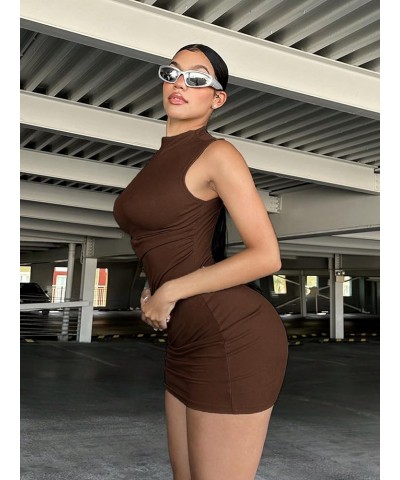 Women's Sleeveless Turtleneck Party Mini Bodycon Dress Coffee Brown $13.16 Dresses