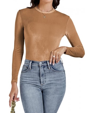 Women's Velvet Crew Neck Slim Fit Long Sleeve Bodysuit Leotard Top Camel $13.02 Bodysuits