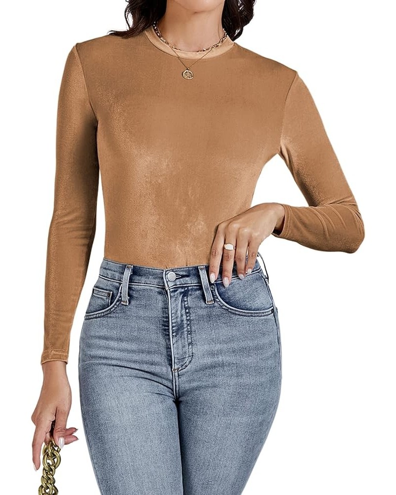 Women's Velvet Crew Neck Slim Fit Long Sleeve Bodysuit Leotard Top Camel $13.02 Bodysuits