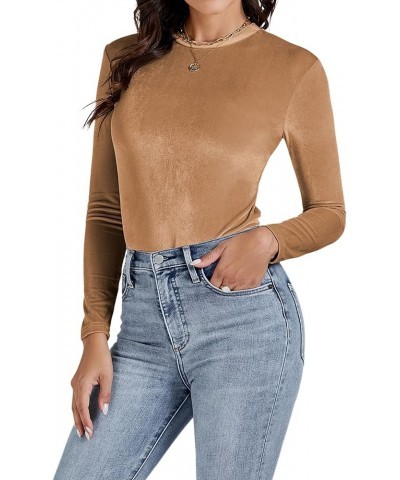 Women's Velvet Crew Neck Slim Fit Long Sleeve Bodysuit Leotard Top Camel $13.02 Bodysuits