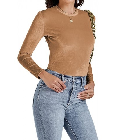 Women's Velvet Crew Neck Slim Fit Long Sleeve Bodysuit Leotard Top Camel $13.02 Bodysuits