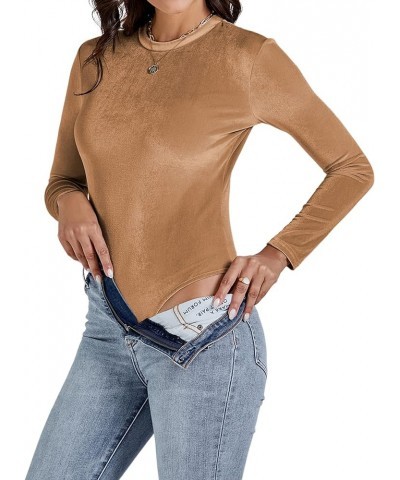 Women's Velvet Crew Neck Slim Fit Long Sleeve Bodysuit Leotard Top Camel $13.02 Bodysuits