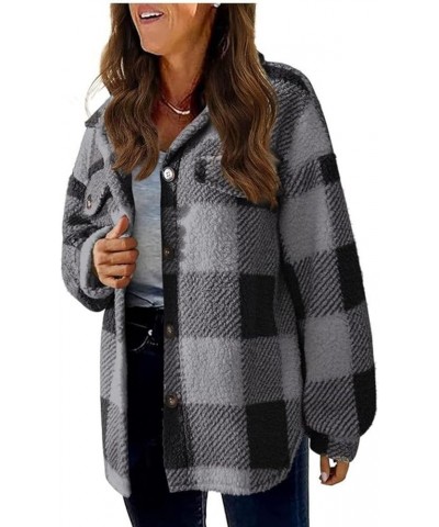 Womens Oversized Flannel Shacket Classic Plaid Button Down Shirts Fashion Collared Long Sleeve Boyfriend Jacket Gray9 $9.00 J...