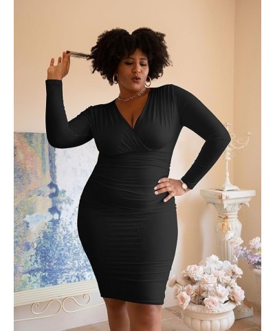 Women's Sexy Bodycon Long Sleeve Ruched Deep V Neck Solid Party Club Midi Dress Black $17.84 Dresses