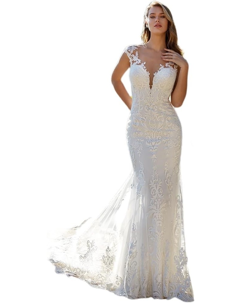 Women's Wedding Dresses for Bride 2024 Sexy V Neck Slit Lace Bridal Wedding Gowns for Bride YJ010 Style 16-white $57.60 Dresses