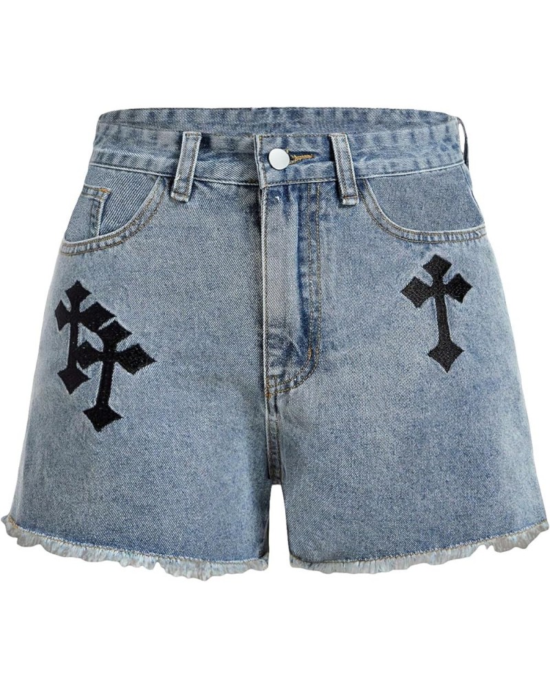 Women's Cross Embroidery Raw Hem Straight Leg Distressed Casual Denim Shorts Light Wash $16.77 Shorts