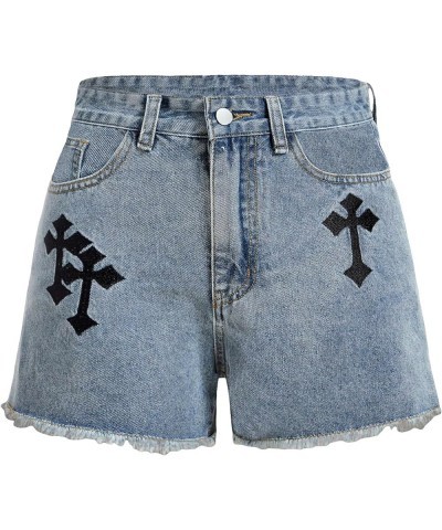 Women's Cross Embroidery Raw Hem Straight Leg Distressed Casual Denim Shorts Light Wash $16.77 Shorts