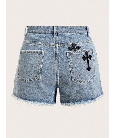 Women's Cross Embroidery Raw Hem Straight Leg Distressed Casual Denim Shorts Light Wash $16.77 Shorts