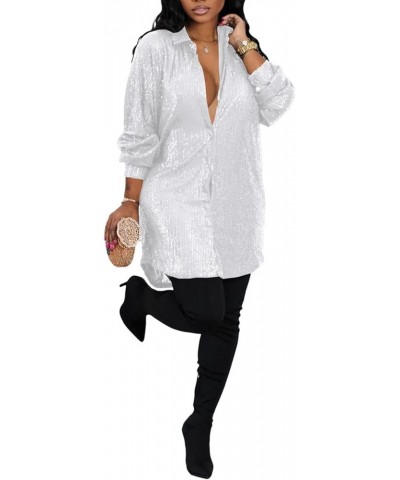 Sparkly Dresses for Women Plus Size Lapel Button Up V Neck Shirt Dress Sequin Glitter Long Sleeve Mini Dress 0-white $26.51 D...