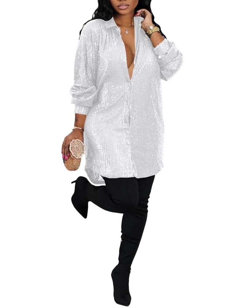 Sparkly Dresses for Women Plus Size Lapel Button Up V Neck Shirt Dress Sequin Glitter Long Sleeve Mini Dress 0-white $26.51 D...