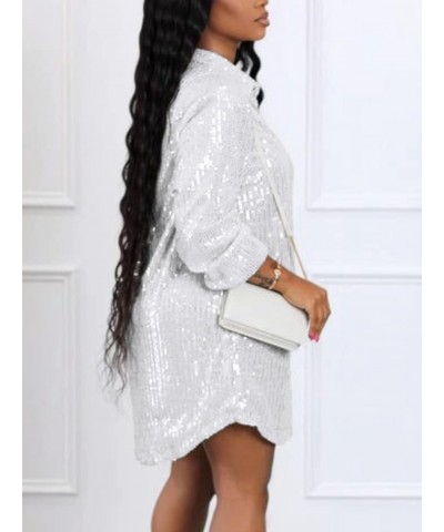 Sparkly Dresses for Women Plus Size Lapel Button Up V Neck Shirt Dress Sequin Glitter Long Sleeve Mini Dress 0-white $26.51 D...