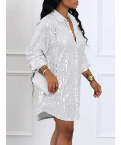 Sparkly Dresses for Women Plus Size Lapel Button Up V Neck Shirt Dress Sequin Glitter Long Sleeve Mini Dress 0-white $26.51 D...