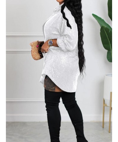 Sparkly Dresses for Women Plus Size Lapel Button Up V Neck Shirt Dress Sequin Glitter Long Sleeve Mini Dress 0-white $26.51 D...