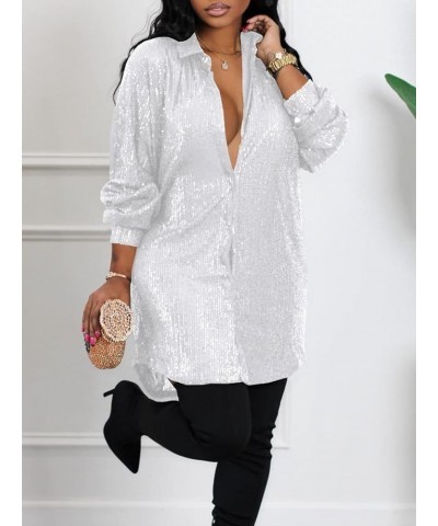 Sparkly Dresses for Women Plus Size Lapel Button Up V Neck Shirt Dress Sequin Glitter Long Sleeve Mini Dress 0-white $26.51 D...