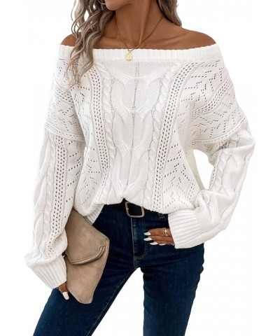 Women's Hollow Out Crochet Sweater Cable Knit Off Shoulder Long Sleeve Pullover Top White $15.11 Sweaters