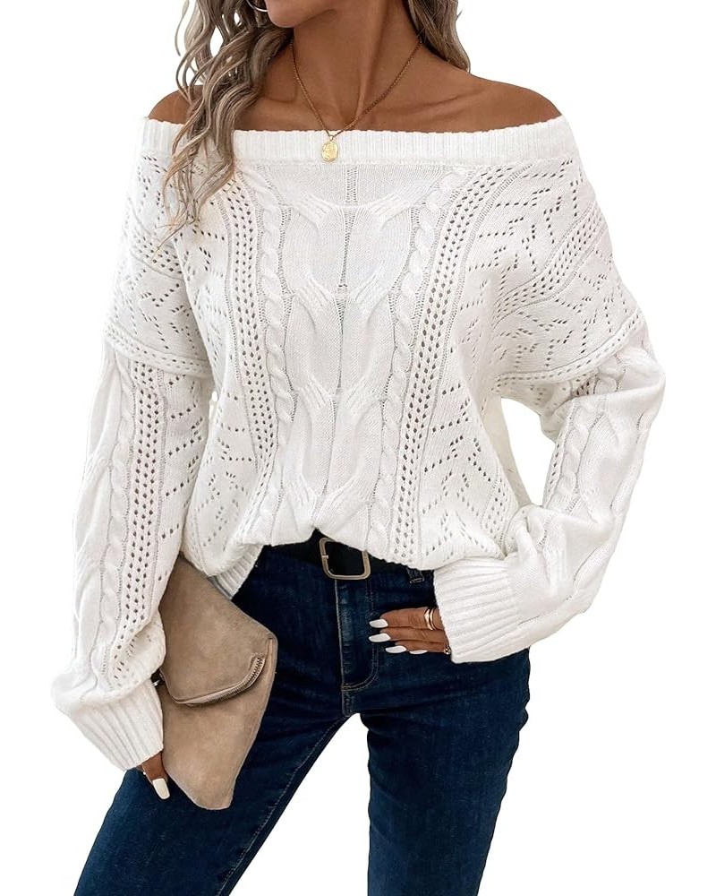 Women's Hollow Out Crochet Sweater Cable Knit Off Shoulder Long Sleeve Pullover Top White $15.11 Sweaters