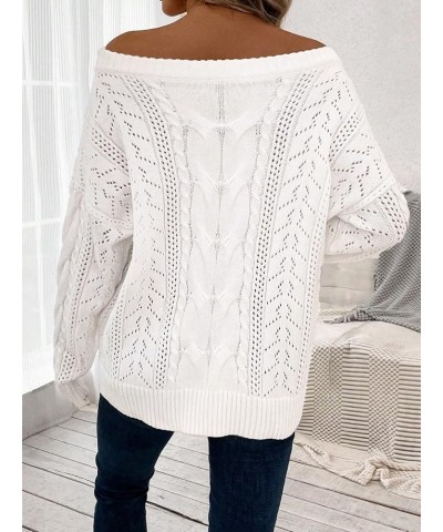 Women's Hollow Out Crochet Sweater Cable Knit Off Shoulder Long Sleeve Pullover Top White $15.11 Sweaters