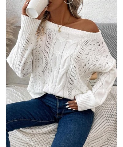 Women's Hollow Out Crochet Sweater Cable Knit Off Shoulder Long Sleeve Pullover Top White $15.11 Sweaters