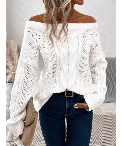 Women's Hollow Out Crochet Sweater Cable Knit Off Shoulder Long Sleeve Pullover Top White $15.11 Sweaters