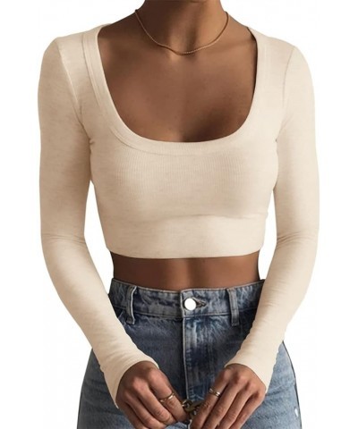 Long Sleeve Crop Tops for Women Y2k Cute Ribbed Going Out Top Basic Square Neck Fitted Tee Shirt Fall Beige $11.99 Tops