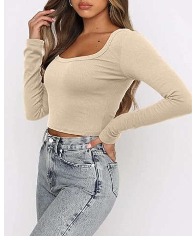 Long Sleeve Crop Tops for Women Y2k Cute Ribbed Going Out Top Basic Square Neck Fitted Tee Shirt Fall Beige $11.99 Tops