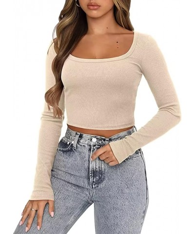 Long Sleeve Crop Tops for Women Y2k Cute Ribbed Going Out Top Basic Square Neck Fitted Tee Shirt Fall Beige $11.99 Tops