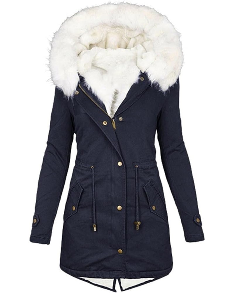 Winter Coats for Women Long Sleeve Lamb Wool Cotton Coat Thick Jacket with Plush Hooded Mid Length Sherpa Outerwear 12 Navy $...