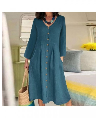 Womens Button Down Cotton Linen Empire Waist Dress Summer Trendy V Neck Short Sleeve Elegant Midi A-Line Dresses Long Sleeve-...