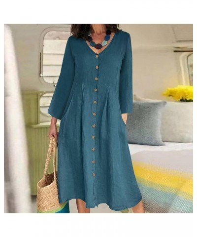 Womens Button Down Cotton Linen Empire Waist Dress Summer Trendy V Neck Short Sleeve Elegant Midi A-Line Dresses Long Sleeve-...