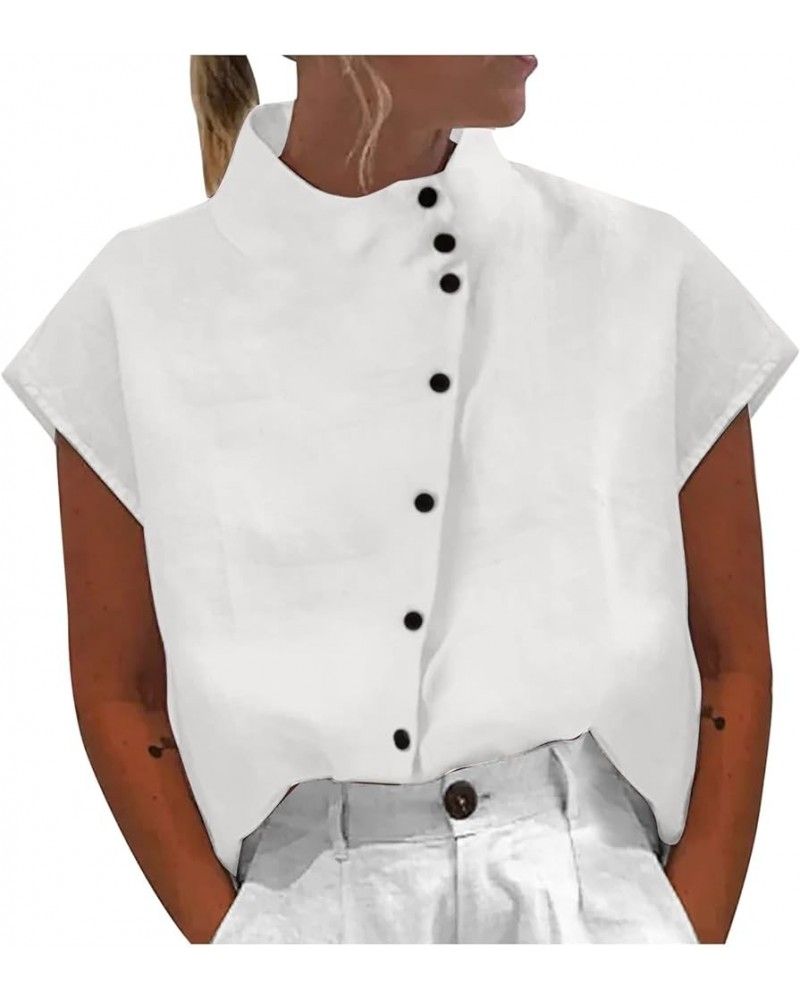 Womens Summer Fashion Short Sleeve Blouse Solid Stand Collar Dressy Work Shirts Button Down Loose Fit Comfy Tops White X $5.0...