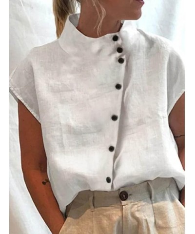 Womens Summer Fashion Short Sleeve Blouse Solid Stand Collar Dressy Work Shirts Button Down Loose Fit Comfy Tops White X $5.0...