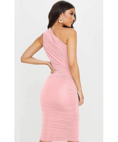 Women's Sexy One Shoulder Ruched Sleeveless Bodycon Party Cocktail Dress Pink $17.84 Dresses