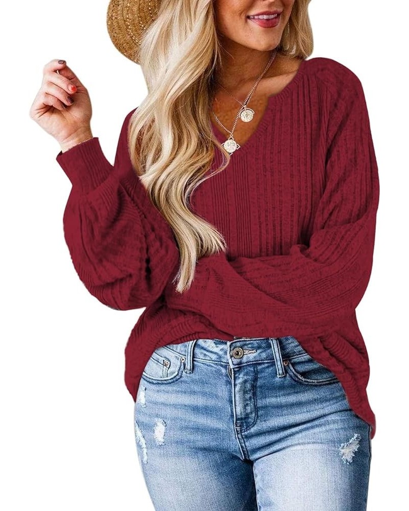 Oversized Sweaters for Women Lightweight Long Sleeve V Neck Shirts Loose Casual Tunic Tops Wine Red $11.72 Tops