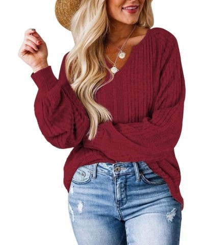 Oversized Sweaters for Women Lightweight Long Sleeve V Neck Shirts Loose Casual Tunic Tops Wine Red $11.72 Tops