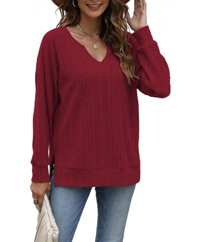 Oversized Sweaters for Women Lightweight Long Sleeve V Neck Shirts Loose Casual Tunic Tops Wine Red $11.72 Tops