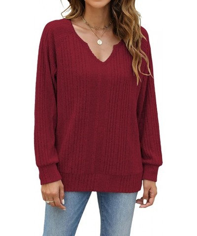 Oversized Sweaters for Women Lightweight Long Sleeve V Neck Shirts Loose Casual Tunic Tops Wine Red $11.72 Tops