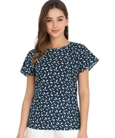 Women's Summer Leaf Printed Round Neck Short Sleeve Blouse Tops Dark Blue $9.68 Blouses