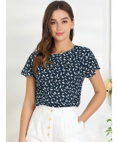 Women's Summer Leaf Printed Round Neck Short Sleeve Blouse Tops Dark Blue $9.68 Blouses