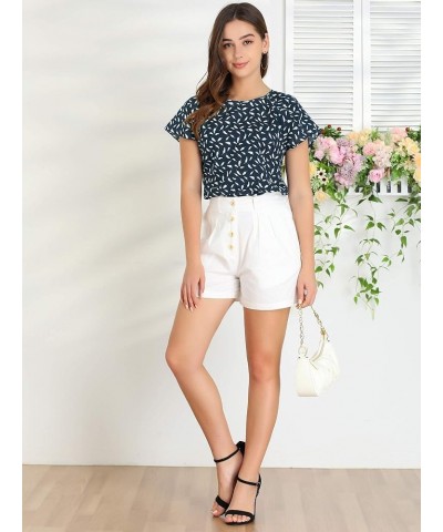 Women's Summer Leaf Printed Round Neck Short Sleeve Blouse Tops Dark Blue $9.68 Blouses