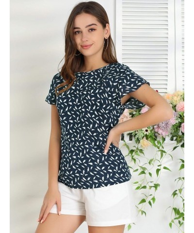 Women's Summer Leaf Printed Round Neck Short Sleeve Blouse Tops Dark Blue $9.68 Blouses