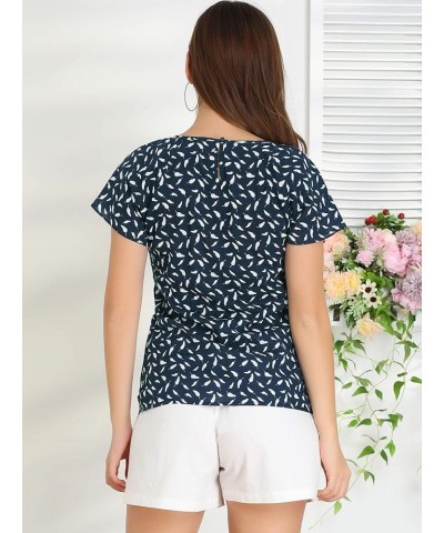 Women's Summer Leaf Printed Round Neck Short Sleeve Blouse Tops Dark Blue $9.68 Blouses