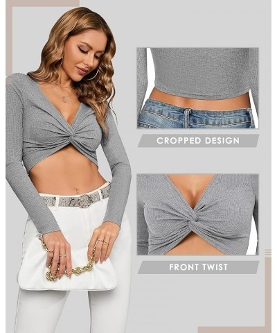 Long Sleeve Crop Tops for Women Tie Front V Neck Womens Sexy Tops Trendy Going Out Tops for Women Heather Grey $9.68 Blouses