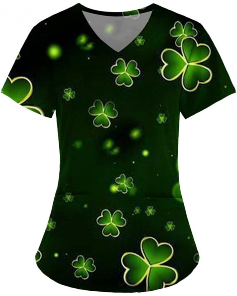 Women's Working Uniform Short Sleeve Tops Tees Green Leaf Print T Shirts Fitted Scrub Top Tshirts Blouses with Pockets Black ...