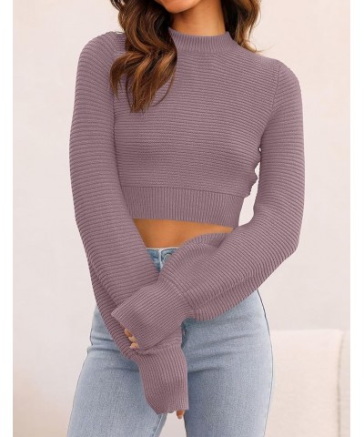 Women's Fall Mock Neck Cropped Sweater 2024 Long Sleeve Soft Ribbed Knit Pullover Jumper Tops Purple $19.24 Sweaters