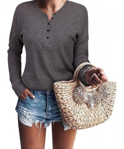 Womens Henley Shirts V Neck Long Sleeve Button Down Tops Warm Waffle Knit Tees Dark Grey $11.94 Others